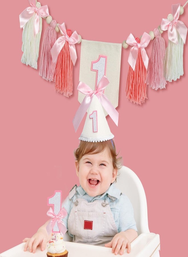 Lonfliness 3 Pcs Pink Bow 1st High Chair Banner Baby Girl First Birthday Party Decoration Set Pink Bow Cone Hat One High Chair Banner Cake Topper for Baby Shower Princess 1st Birthday Party Supplies - Image 5